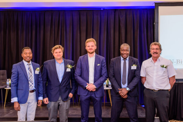 (Pictured from left to right) Mr Johnson Ndokosho, Director of Forestry,Mr Colin Lindeque, board member of the Namibian Biomass Industry, Mr Johannes Laufs, Team leader – GIZ Bush Control and Biomass Utilisation Project, Mr Progress Kashandula, CEO of Namibia Biomass industry Group, Mr Michael Degé , Manager of CAON